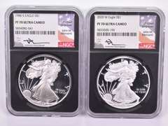 (2) PF70UCAM 1986-S & 2020-W American Silver Eagles Signed - NGC - BOX