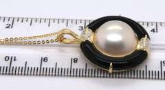 Fancy Yellow Gold Mabe Pearl, Diamond and Black Onyx Pendant on Chain