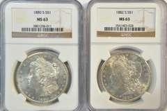 Choice BU 1880-S & 1882-S Morgan Silver Dollars. NGC MS63