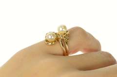 14K Yellow Gold Ornate Rope Twist Pearl Bypass Statement Ring