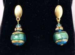 Immaculate Italian Made, Hand Blown Art Glass and Gold Links Bracelet and Earrings