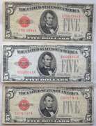 3 1928 Series Red Seal $ 5 US Notes