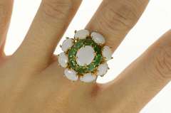 10K Yellow Gold Natural Opal Emerald Halo Retro Cocktail Ring