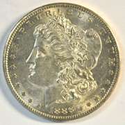 Frosty-white BU 1886-S Morgan Silver Dollar. Key date!