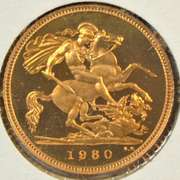 Super Ultra Cameo Gem Proof 1980 British Gold 1/2 Sovereign