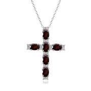 Sterling Silver Garnet Oval-Cut Cross Pendant Necklace with White Topaz Accents