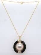 Fancy Yellow Gold Mabe Pearl, Diamond and Black Onyx Pendant on Chain