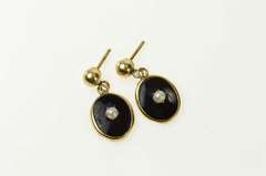 10K Yellow Gold Oval Black Onyx Pearl Accent Dangle Earrings