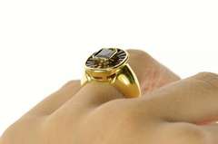 18K Yellow Gold Emerald Garnet Baguette Bezel Halo Cocktail Ring