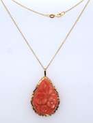 Gorgeous 18kt Tear Drop Flower Pink Coral Pendant on Chain