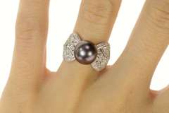18K White Gold Black Pearl Diamond Ornate Bow Cocktail Ring