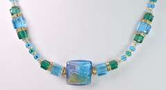 Dazzling Italian Made, Hand Blown Art Glass with Gold Leaf and Gold Plated Links Necklace