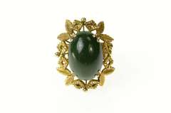 14K Yellow Gold Retro Nephrite Leaf Square Design Cocktail Ring