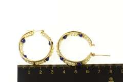 14K Yellow Gold Retro Wide Pearl Lapis Lazuli Statement Hoop Earrings