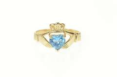 10K Yellow Gold Heart Blue Topaz Claddagh Irish Loyalty Ring