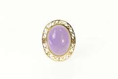 14K Yellow Gold Oval Lilac Jade Cabochon Scroll Filigree Ring