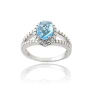 Sterling Silver 1.ct Swiss Blue Topaz & Diamond Accent Split Band Oval Ring