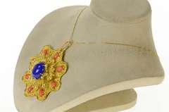 18K Yellow Gold Oval Lapis Lazuli Diamond Coral Statement Pendant
