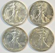 4 Flashy BU Walking Liberty Half Dollars. All different