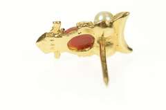14K Yellow Gold Retro Pearl Coral Owl Bird Wisdom Lapel Pin/Brooch