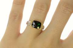 14K White Gold Green Tourmaline Diamond Two Tone Etched Ring