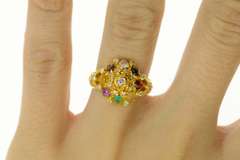 22K Yellow Gold Diamond Ruby Quartz Tiger's Eye Statement Ring
