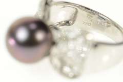 18K White Gold Black Pearl Diamond Ornate Bow Cocktail Ring