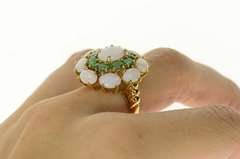 10K Yellow Gold Natural Opal Emerald Halo Retro Cocktail Ring