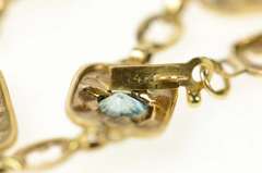 14K Yellow Gold Retro Etched Floral Blue Topaz Squared Link Bracelet