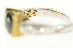 14K White Gold Green Tourmaline Diamond Two Tone Etched Ring