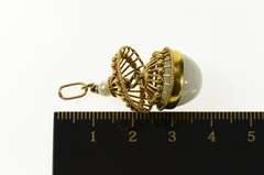 14K Yellow Gold Jade Pearl Ornate Round Pendulum Drop Pendant