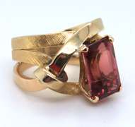 Glowing Yellow Gold Emerald Cut Pink Tourmaline Ring