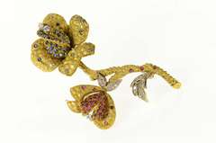 18K Yellow Gold 1960's Pave Sapphire Ruby Diamond Flower Pin/Brooch
