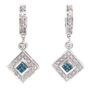Stunning White Gold Teal Green Diamond Dangle Earrings