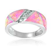 Sterling Silver Created Pink Opal & Cubic Zirconia Band Ring,