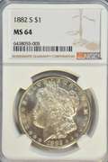 Blazing near Gem BU 1882-S Morgan Silver Dollar. NGC MS64