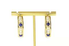 14K Yellow Gold Retro Wide Pearl Lapis Lazuli Statement Hoop Earrings