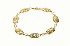 14K Yellow Gold Retro Etched Floral Blue Topaz Squared Link Bracelet