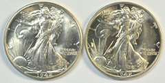 Sparkling-white Gem BU 1942 & 1943 Walking Liberty Half Dollars