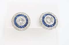 Vintage Blue Sapphire & Diamond Halo Earrings in Platinum