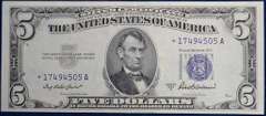 Series 1953A $5 Silver Certificate Star Note, Uncirculated.