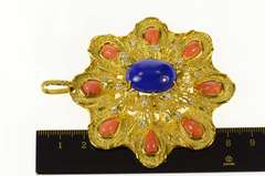 18K Yellow Gold Oval Lapis Lazuli Diamond Coral Statement Pendant
