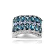 Sterling Silver Tanzanite, London Blue and White Topaz 2-row Ring