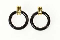 14K Yellow Gold Round Carved Black Onyx Door Knocker Earrings