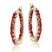 Gold Tone Over Silver Created Red Ruby Inside Out Hoop Earrings