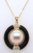 Fancy Yellow Gold Mabe Pearl, Diamond and Black Onyx Pendant on Chain