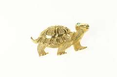 14K Yellow Gold Ornate Stylized Turtle Tortoise Emerald Eye Pin/Brooch