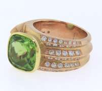 Powerful 18kt Cushion Cut Peridot and Diamond Ring