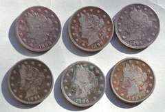 6 Red Near Full /Full Liberty V Nickel Lot