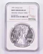 Mint Error MS69 1991 American Silver Eagle - OBV Struck Thru - NGC